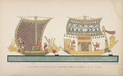 Lodě s barevnými plachtami, z hrobky Ramsese III v Thébách, ilustrace z "Mýry a zvyky starých Egypťanů...", 1837-41