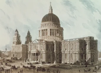 Jihovýchodní pohled na katedrálu sv. Pavla, ryl Daniel Havell (1785-1826), hospoda. 1818 v Ackermannově repozitáři umění