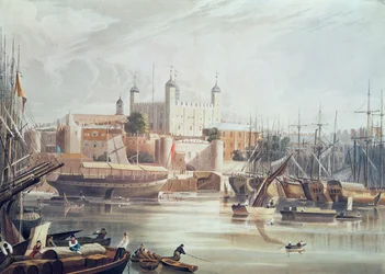 Pohled na Tower of London, rytý Daniel Havell (1785-1826) hospoda. v Ackermannově repozitáři umění, 1819