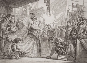 Královna Alžběta I. (1530–1603) pasující na rytíře Francise Drakea (1540–96) z „Ilustrace anglické a skotské historie“ Volume I