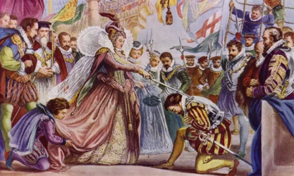 Královna Alžběta II pasující na rytíře Sira Francise Drakea na palubě jeho lodi Golden Hind, Deptford, 1581