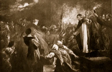 Příjezd kardinála Wolseyho do Leicesterského opatství, 1530, ilustrace z Hutchinsonova „Příběhu britského národa“, kolem roku 1920