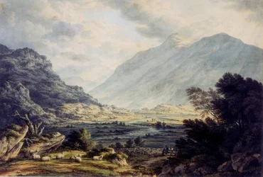 V blízkosti Capel Curig, s výhledem na Mount Snowdon, Wales, asi 1793-1830 (akvarel)
