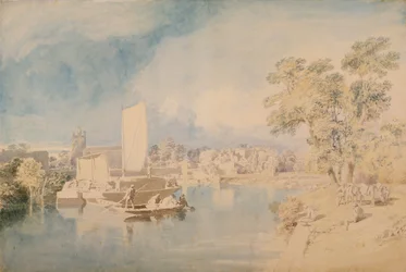 Temže v Isleworthu, kolem 1805-10 (grafit a wc na potištěném papíře)