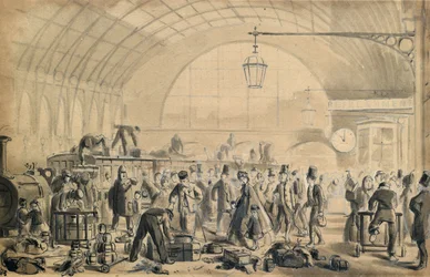 Štědrý večer na nádraží Kings Cross, kolem 1870-90 (pero a mytí na papíře)