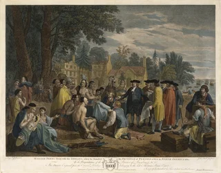 Smlouva Williama Pennse s Indiány, 1775 (rytina a lept akvarelem na položený papír)