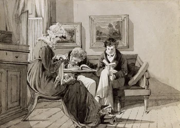 Společenský interiér v Brathay Hall, zobrazující Jessy Harden, reverenda Owena Lloyda a H. Almacka, kolem roku 1827 (inkoust a mytí na papíře)