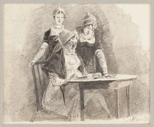 Tři u stolu, jeden sedící, 1807 (tužka a mytí na papíře)