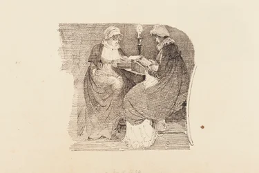 Dvě ženy čtoucí při světle lampy, 1804 (pero a inkoust na papíře)