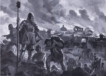 Ivan Černý zapaluje Žabljak roku 1484, z Hutchinsonových Dějin národů (svazek 4), vydal Hutchinson, asi 1920