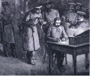 Kníže Alexandr podepisuje v roce 1886 svou abdikaci, ilustrace z Hutchinsonových Dějin národů, svazek 4, kolem 20. let 20. století