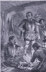 Santiago byl poslán napřed, aby prozkoumal, vyběhl na břeh a ztroskotal, Newnes Pictorial Knowledge vydané Newnesem, kolem 50. let (litho)