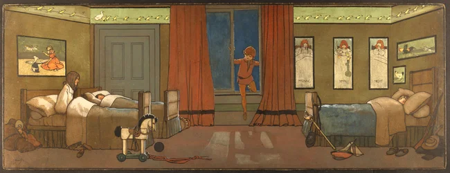 Rodinná školka Darling: Peter vstupuje do hledání svého stínu a Wendy se probouzí, ilustrace z filmu „Peter Pan“, kolem roku 1906