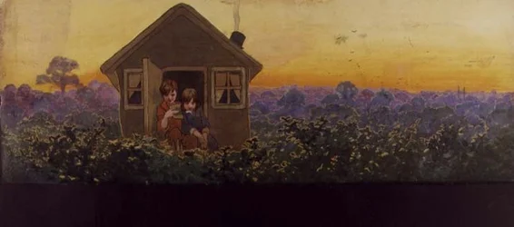 Vrcholky stromů při západu slunce o rok později: Peter v domku s Wendy na její každoroční návštěvě jarního úklidu, ilustrace k 