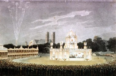 Ohňostroj pořádaný v Green Parku na oslavu porážky Napoleona, vyrytý hospodou Matthew Dubourg. 1814 (rytina)