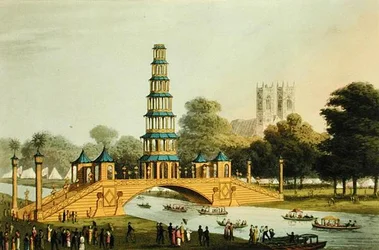 Čínský most a pagoda, vztyčené v parku na památku slavného míru z roku 1814, vyryl Matthew Dubourg (fl.1785-20)