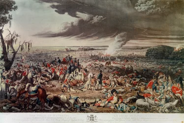 Pole u Waterloo, jak vypadalo ráno po památné bitvě 18. června 1815, akvatinta M. Dubourg
