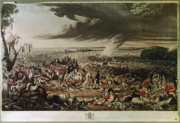 Pole u Waterloo, jak vypadalo ráno po památné bitvě 18. června 1815, vyryl M. Dubourg