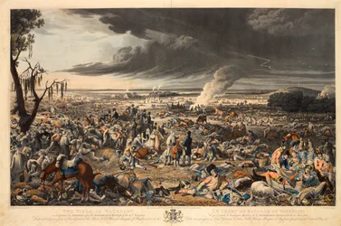 „Pole Waterloo, jak se jevilo ráno po památné bitvě 18. června 1815“ (akvatinta, barevně)