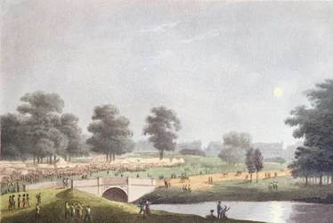 Pohled na veletrh v Hyde Parku, vyrytý Matthew Dubourg, 1. srpna 1814 (barevná rytina)