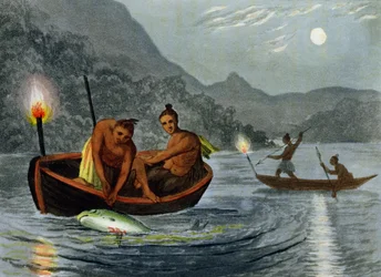 Torch Light Fishing in North America, rytina H. Merkeho (fl.cca 1800-20), vydal Edward Orme, 1813