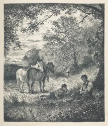 Talíř 11. Muž, chlapec a shire koně.  Obrázky přírody. Série třiceti originálních ilustrací nakreslených na dřevě od J. H. Della a vyrytých R. Patersonem.  John Henry Dell