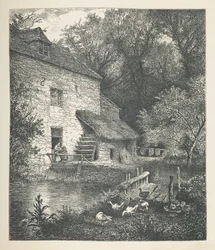 Deska 14. Dům a vodní mlýn.  Obrázky přírody. Série třiceti originálních ilustrací nakreslených na dřevě od J. H. Della a vyrytých R. Patersonem.  John Henry Dell