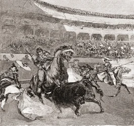 Býčí zápasy v Seville, Španělsko, z časopisu „The Century Illustrated Monthly Magazine“, vydaného v roce 1884 (dřevoryt)