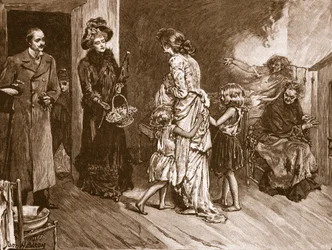 Západ se setkává s Východem: dobře si počínají návštěvníci obydlí ve slumu, ilustrace z „Cassell