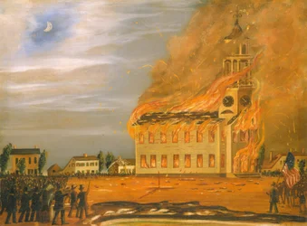 Vypálení kostela Old South Church, Bath, Maine, asi 1854 (olej na plátně)