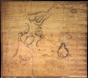 Jeho excelenci George Clinton, Esq. . . .Tento plán města New York a jeho okolí. . ., 1785 (černý a barevný inkoust, černá tužka a barevný lavír na papíře podloženém látkou)