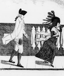 Dr James Graham jede podél North Bridge v silném větru, 1785