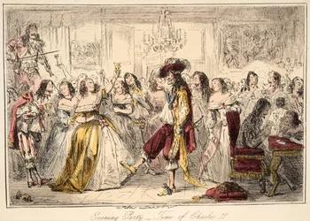 Večerníček - doba Karla II.,z knihy The Comic History of England, vyd. 1864 (ručně kolorovaný lept)