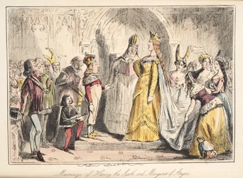 Sňatek Jindřicha VI., s Markétou z Anjou, z The Comic History of England, pub. 1864 (ručně kolorovaný lept)