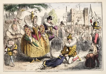Queen Elizabeth a Sir Walter Raleigh, z The Comic History of England, pub. 1864 (ručně kolorovaný lept)