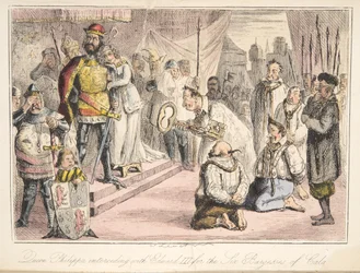 Královna Philippa se přimlouvá u Edwarda III., za Šest měšťanů z Calais, z The Comic History of England, pub. 1864 (ručně kolorovaný lept)