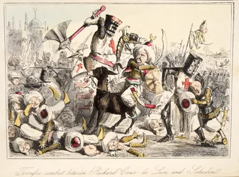 Úžasný boj mezi Richardem Coeurem de Lionem a Saladinem z The Comic History of England, pub. 1864 (ručně kolorovaný lept)