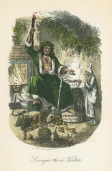 The Ghost of Christmas Present zjevující se Scroogeovi. Ilustrace John Leech (1817-64) pro Charlese Dickense A Christmas Carol, Londýn 1843-1834.
