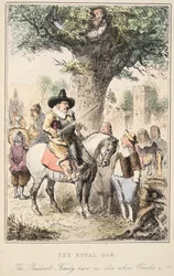 Královský dub. Rodina Penderellových netuší, kde je Charles!!!, z The Comic History of England, hospoda. 1864 (ručně kolorovaný lept)