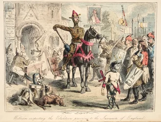 William the Conqueror inspecting the Volunteers předchozí k invazi do Anglie, z The Comic History of England, pub. 1864 (ručně kolorovaný lept)
