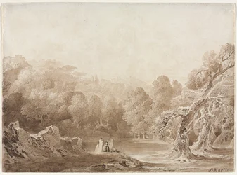 Muž hrající na harfu s dalšími figurami u jezera, 1820.