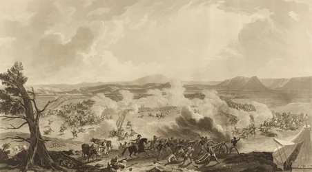 „Bitva u Kirkee se odehrála 5. listopadu 1816, při které památné příležitosti porazilo 4785 [sic] britských vojáků armádu Mahratta“ (akvatinta, barevné)