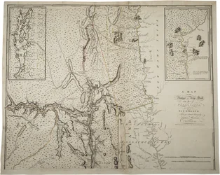 Mapa provincie New York s částí Pensylvánie a Nové Anglie ze skutečného průzkumu kapitána Montrésora, inženýra, 1775, 10. června 1775