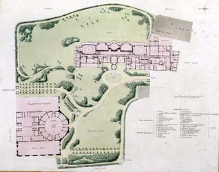 Plán královského pavilonu, jak jej dokončil Nash v roce 1822 z „Pohledy na královský pavilon, Brighton“ od Johna Nashe