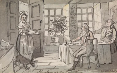 Postavy sedící u stolu a je jim podáváno jídlo, Crockem Wells, Devonshire