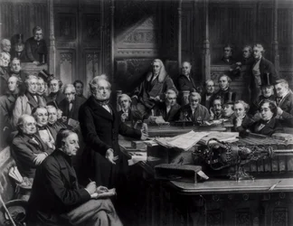 Dolní sněmovna v roce 1860: Lord Palmerston promluví ve sněmovně během rozpravy o smlouvě s Francií, vyryto Falknerem, 1863 (viz také 42219 a 107821)