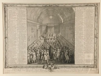 Pohled na Sněmovnu Peers, krále sedícího na svém trůnu, sněmovna, která se ho účastní na konci zasedání 1741/2