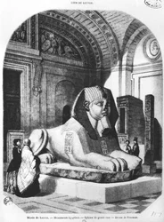 Sfinga z růžové žuly v egyptských pokojích v muzeu Louvre, ilustrace z „Le Magasin Pittoresque“, podle kresby od Freemana, červenec 1851