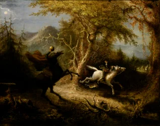 Bezhlavý jezdec pronásleduje Ichabod Cranea, 1858.