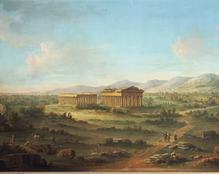 Dva velké chrámy Paestum, bazilika vlevo a Neptunův chrám nebo Poseidon vpravo, John Robert Cozens
